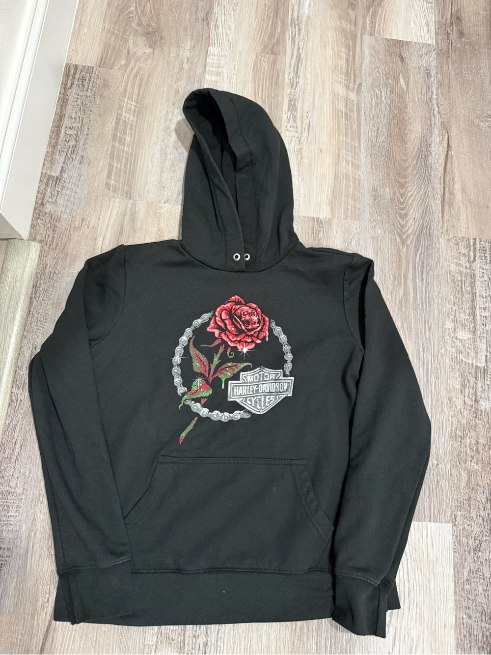 Harley-Davidson Black Hoodie with Red Rose Crest